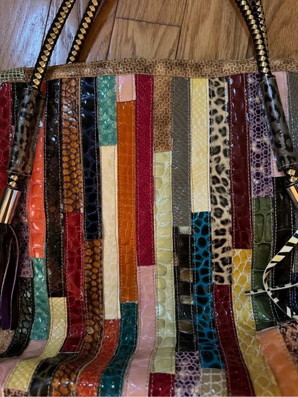 Multicolor Patchwork Faux Exotic Embossed Tote Shoulder Bag Boho Unique Eclectic